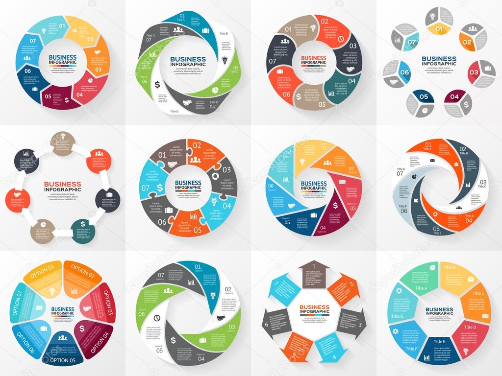 Vector circle arrows infographics set. Template for diagram, graph, presentation and chart. Business concept with 7 options, parts, steps or processes. Abstract background.