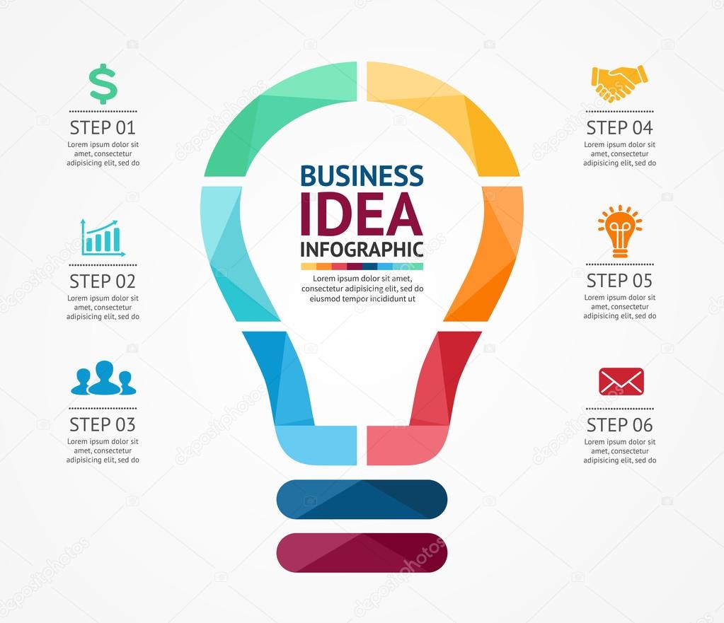 Vector idea infographic with light bulb. Template for creative diagram, graph, presentation and chart. Business concept with 6 options, parts, steps or processes of brainstorm and creativity.