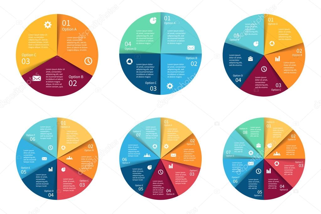 Vector circle infographics set. Template for cycle diagram, graph, presentation and round chart. Business concept with 3, 4, 5, 6, 7, 8 options, parts, steps or processes. Abstract background.
