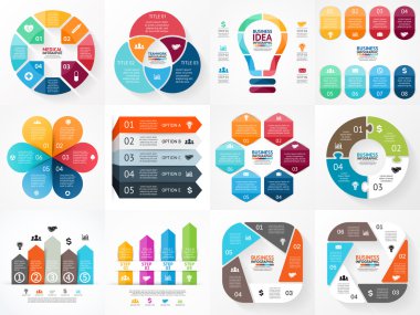 Vektör infographics ayarlayın. Döngü diyagramı, grafik, tanıtım ve yuvarlak grafik için şablonlar topluluğu. Seçenekler, parça, adımları ya da işlemler ile iş kavramı.