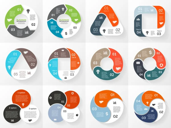 Jeu d'infographies vectorielles. Collection de modèles pour diagramme de cycle, graphique, présentation et carte ronde. Concept d'entreprise avec 3 et 4 options, pièces, étapes ou processus . — Image vectorielle