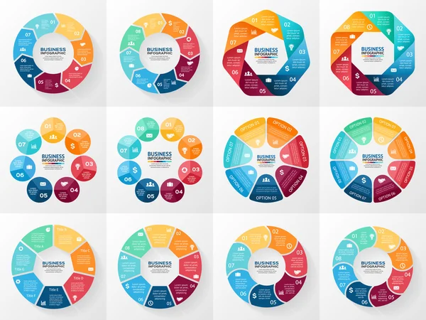 Set infografico vettoriale. Raccolta di modelli per diagramma del ciclo, grafico, presentazione e grafico rotondo. Concetto aziendale con 7 e 8 opzioni, parti, fasi o processi. Sfondo astratto . — Vettoriale Stock