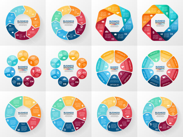 Vector infographics set. Collection of templates for cycle diagram, graph, presentation and round chart. Business concept with 7 and 8 options, parts, steps or processes. Abstract background.