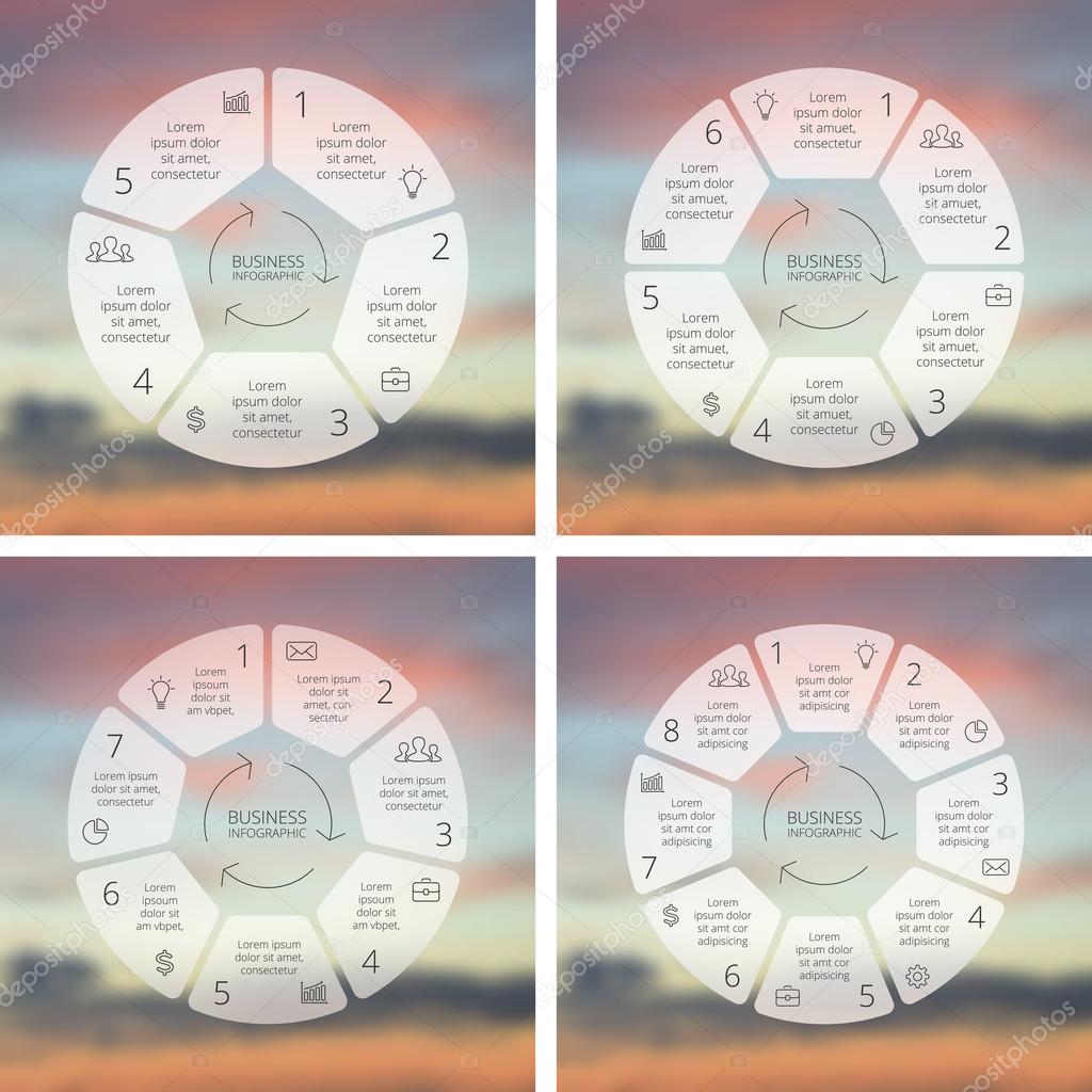 Circle line infographics set. Template for cycle diagram, graph, presentation and round chart. Business concept with 5, 6, 7, 8 options, processes. Linear graphic. Blur vector background.