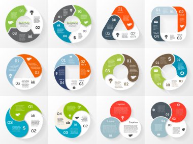 Vektör daire üçgen kare infographics ayarlayın. Döngü diyagramı, grafik, sunum ve yuvarlak grafik şablonu. 3 ve 4 seçenekleri, parçalar, adımları veya işlemler ile iş kavramı. Arka plan.