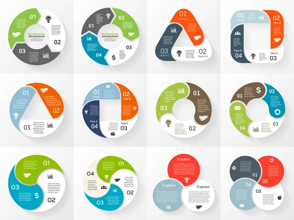 Vektör daire üçgen kare infographics ayarlayın. Döngü diyagramı, grafik, sunum ve yuvarlak grafik şablonu. 3 ve 4 seçenekleri, parçalar, adımları veya işlemler ile iş kavramı. Arka plan.