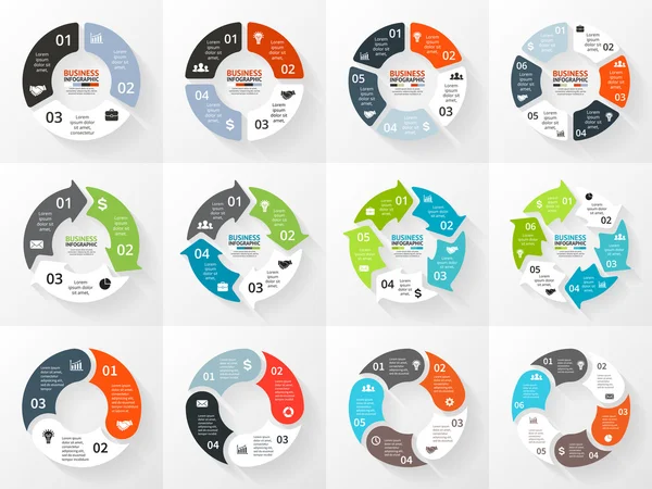 Infografía de flechas de círculo vectorial. Plantilla para diagrama de ciclo, gráfico, presentación y gráfico redondo. Concepto de negocio con 3, 4, 5, 6 opciones, partes, pasos o procesos. Fondo abstracto . — Vector de stock