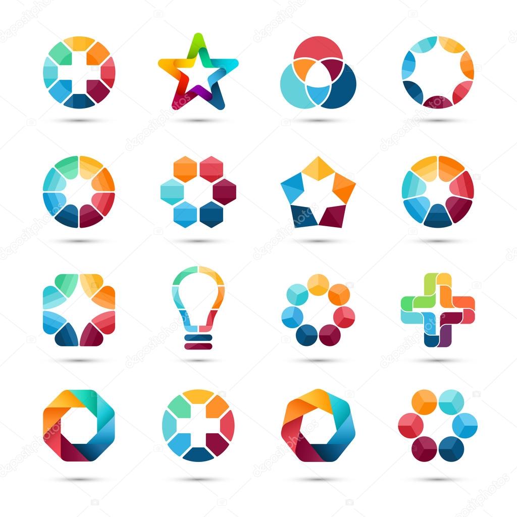 Logo templates set. Abstract circle creative symbols. Circles, plus signs, stars, triangle, hexagons, bulb and other design elements.