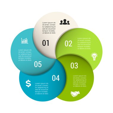 Vektör daire Infographic. Döngü diyagramı, grafik, sunum ve yuvarlak grafik şablonu. 5 seçenekleri, parçalar, adımları veya işlemler ile iş kavramı. Arka plan.