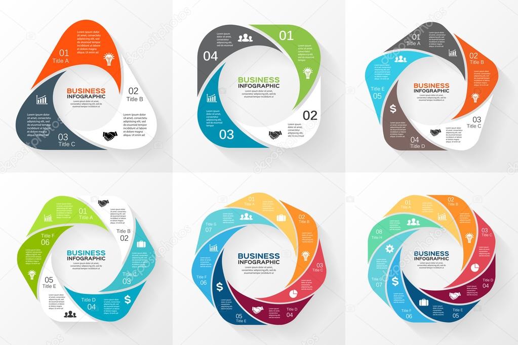 Vector circle geometric infographics set. Template for cycle diagram, graph, presentation and round chart. Business concept with 3, 4, 5, 6, 7, 8 options, parts, steps or processes.