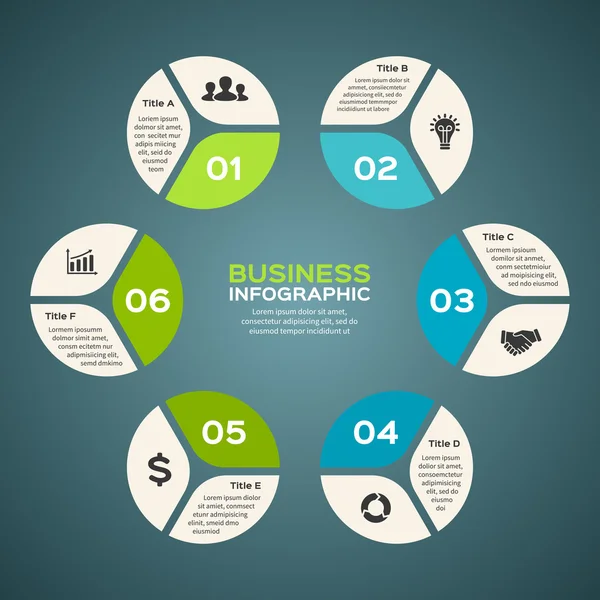 Infográfico do círculo vetorial. Modelo para diagrama de ciclo, gráfico, apresentação e gráfico redondo. Conceito de negócio com 6 opções, peças, passos ou processos. Contexto abstrato . — Vetor de Stock