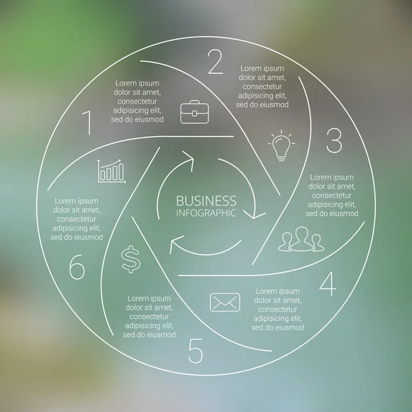 Circle line infographic. Template for cycle diagram, graph, presentation and round chart. Business concept with 6 options, parts, steps or processes. Linear graphic. Blur vector background. — Stock Vector