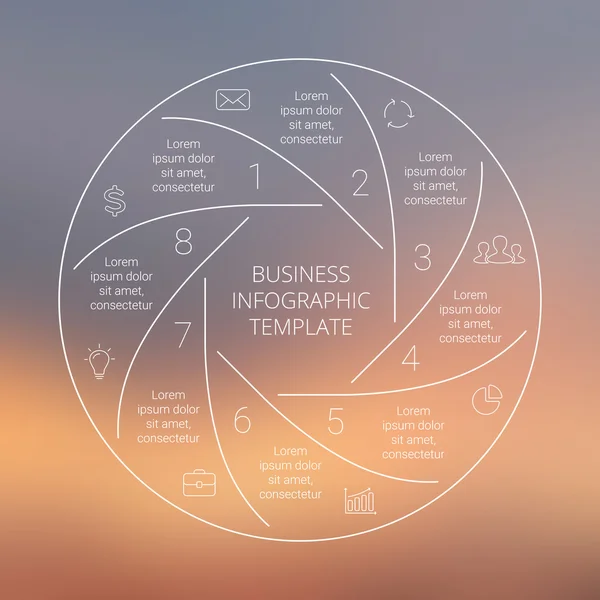 Cirkel lijn infographic. Sjabloon voor cyclusdiagram-, grafiek-, presentatie- en ronde grafiek. Bedrijfsconcept met 8 opties, onderdelen, stappen of processen. Lineaire afbeelding. Vector achtergrond wazig. — Stockvector