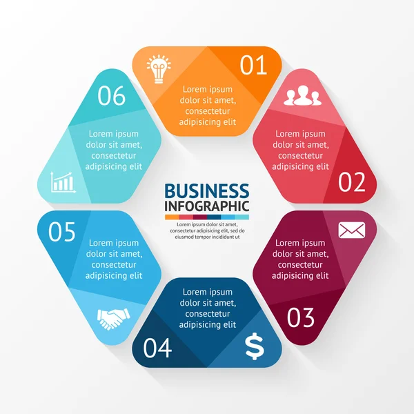 Lingkaran vektor hexagon infografis. Templat untuk diagram siklus, grafik, presentasi dan grafik bulat. Konsep bisnis dengan 6 pilihan, bagian, langkah atau proses. Latar belakang abstrak . - Stok Vektor