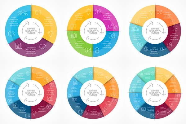 Vektör daire Infographic. Döngü diyagramı, grafik, sunum ve yuvarlak grafik şablonu. 3, 4, 5, 6, 7, 8 ile iş kavramı seçenekleri, parçalar, adımlar veya işler. Doğrusal en az grafik.