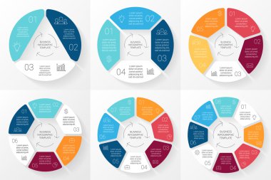 Vektör daire Infographic. Döngü diyagramı, grafik, sunum ve yuvarlak grafik şablonu. 3, 4, 5, 6, 7, 8 ile iş kavramı seçenekleri, parçalar, adımlar veya işler. Doğrusal en az grafik.