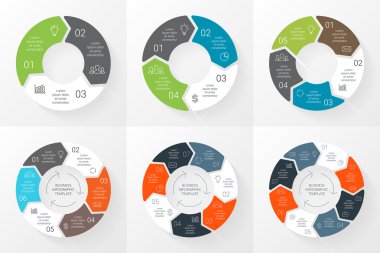 Vektör daire okları infographics ayarlayın. Döngü diyagramı, grafik, sunum ve yuvarlak grafik şablonu. 3, 4, 5, 6, 7, 8 ile iş kavramı seçenekleri, parçalar, adımlar veya işler. Doğrusal grafiği.