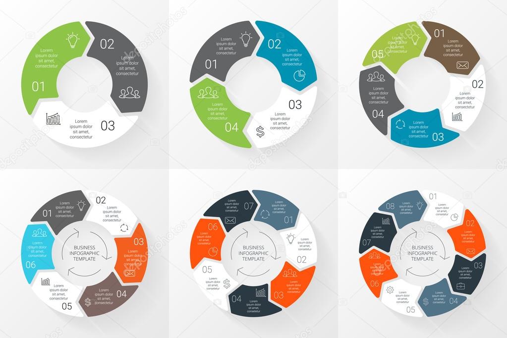Vector circle arrows infographics set. Template for cycle diagram, graph, presentation and round chart. Business concept with 3, 4, 5, 6, 7, 8 options, parts, steps or processes. Linear graphic.