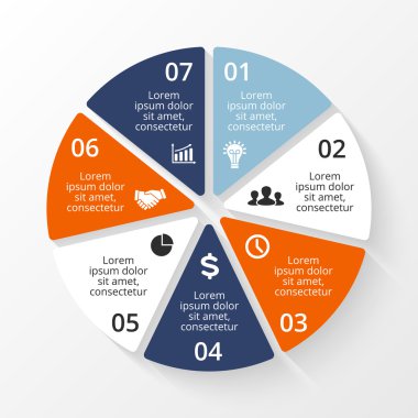 Vektör daire Infographic. Döngü diyagramı, grafik, sunum ve yuvarlak grafik şablonu. 7 seçenekleri, parçalar, adımları veya işlemleri ile iş kavramı. Arka plan.