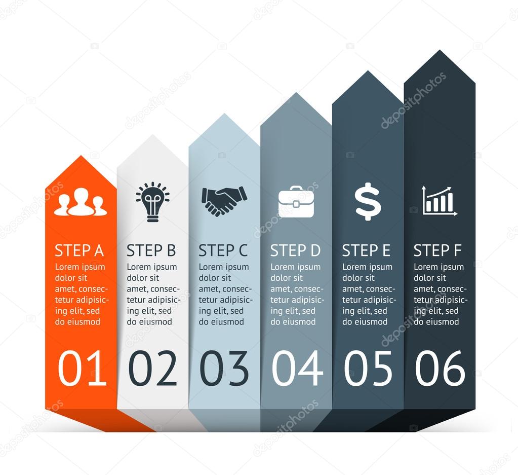 Vector arrows infographic. Template for diagram, graph, presentation and chart. Business startup concept with 6 options, parts, steps or processes. Abstract background. Data visualization.