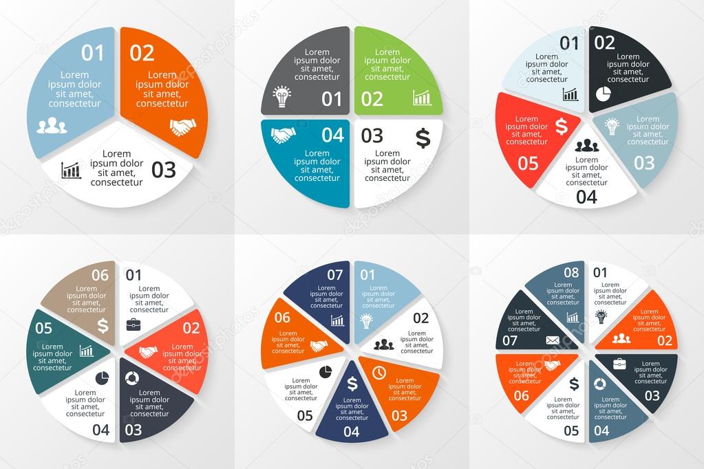 Vector circle infographics set. Template for cycle diagram, graph, presentation and round chart. Business concept with 3, 4, 5, 6, 7, 8 options, parts, steps or processes. Data visualization. 