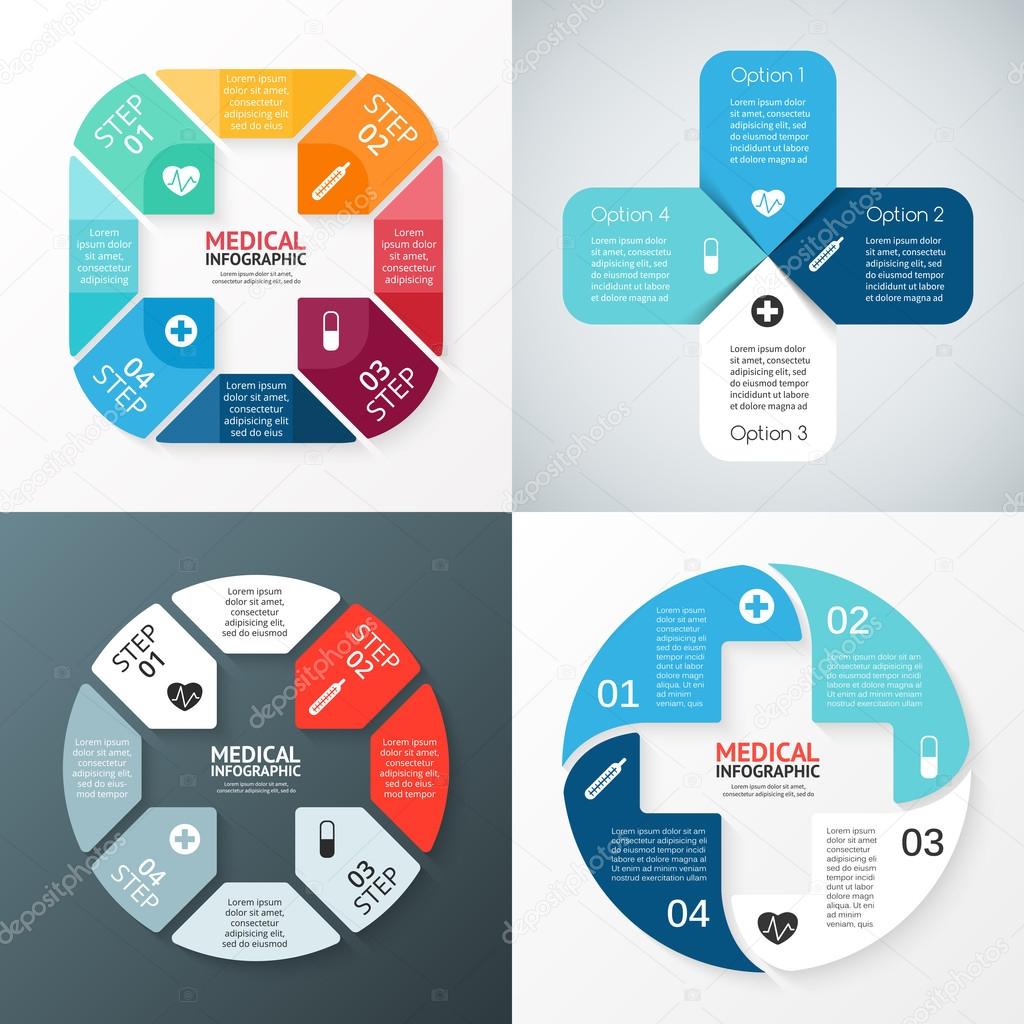 Vector circle plus sign infographic. Template for diagram, graph, presentation and chart. Medical healthcare concept with 4 options, parts, steps or processes. Abstract background.