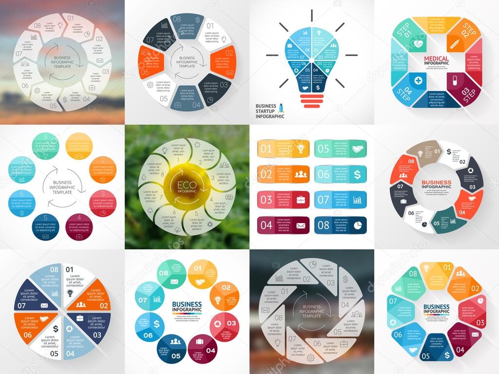 Circle arrows infographics set. Template for cycle diagram, graph, presentation and round chart. Business concept with 8 options, parts, steps or processes. Abstract vector background. Data