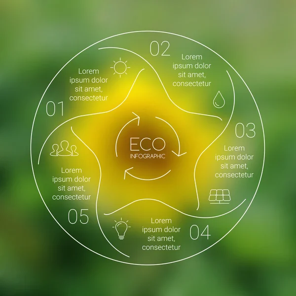 Linearer Kreis Öko-Natur-Infografik. Ökologie-Vorlage. Sonnenblumenvektorhintergrund für Diagramm, Grafik, Präsentation und Diagramm. Umweltschutzkonzept mit 5 Optionen, Teilen, Schritten oder Prozessen. — Stockvektor