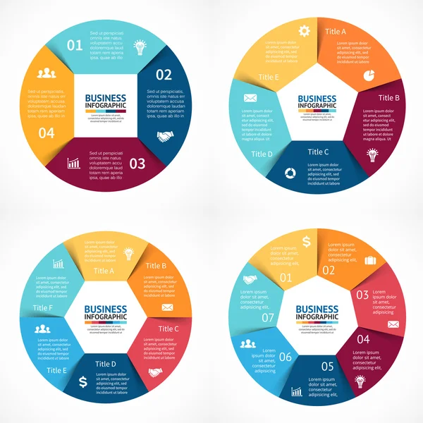 Conjunto de infografías de círculo vectorial. Plantilla para diagrama de ciclo, gráfico, presentación y gráfico redondo. Concepto de negocio con 3, 4, 5, 6 opciones, partes, pasos o procesos. Fondo abstracto. Datos — Vector de stock