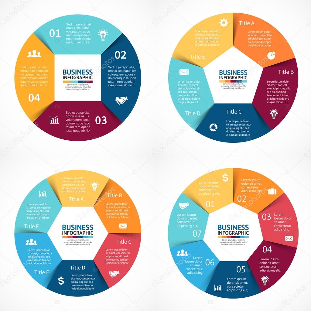 Vector circle infographics set. Template for cycle diagram, graph, presentation and round chart. Business concept with 3, 4, 5, 6  options, parts, steps or processes. Abstract background. Data