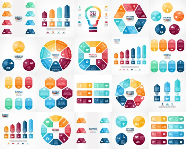 Jeu d'infographies vectorielles. Modèles pour diagramme de cycle, graphique, présentation et diagramme rond. Concept de démarrage d'entreprise avec 3, 4, 5, 6, 7, 8 options, pièces, étapes ou processus. Visualisation des données . — Image vectorielle