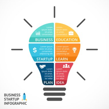 Vector light bulb infographic. Template for circle diagram, graph, presentation and round chart. Business startup idea concept with 6 options, parts, steps or processes. Successful brainstorming.