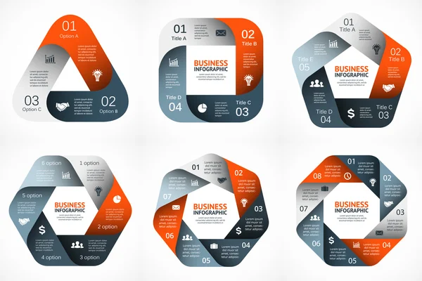 Infografica geometrica vettoriale. Modello per diagramma del ciclo, grafico, presentazione e grafico rotondo. Concetto di business con 3, 4, 5, 6, 7, 8 opzioni, parti, fasi o processi. Sfondo astratto . — Vettoriale Stock