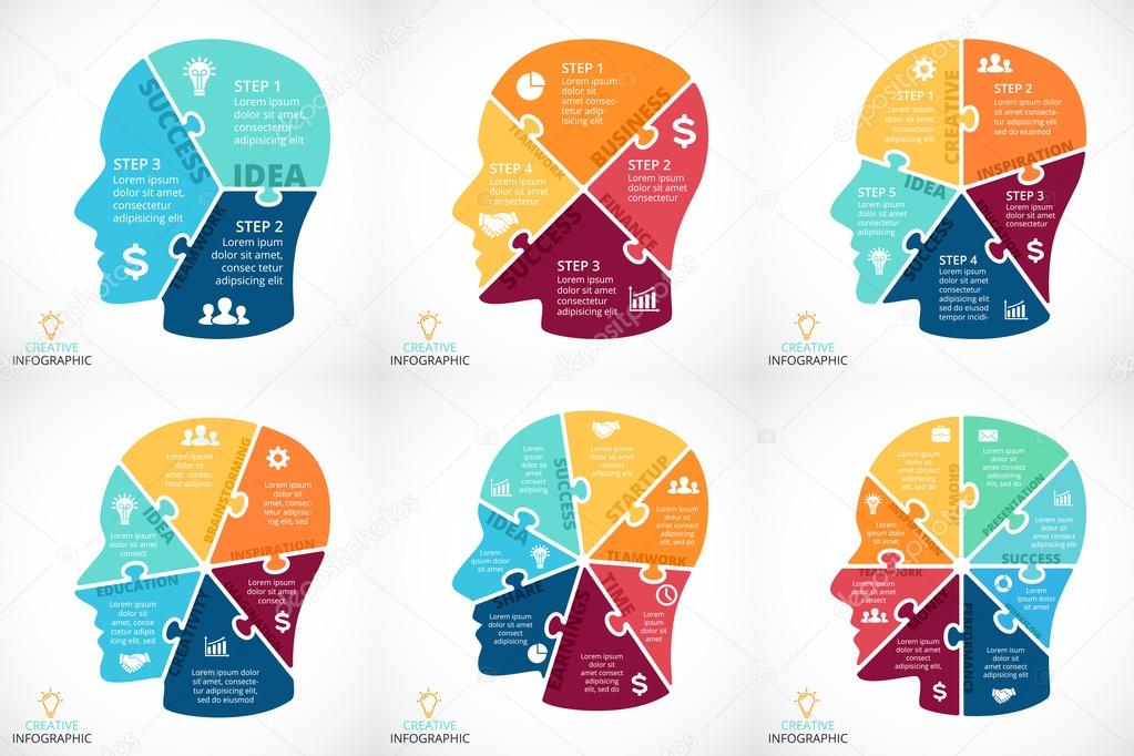 Vector puzzle human face infographic. Cycle brainstorming diagram. Creativity, generating ideas, minds flow, thinking, education info graphic concept. 3, 4, 5, 6, 7, 8 options, parts, steps, processes