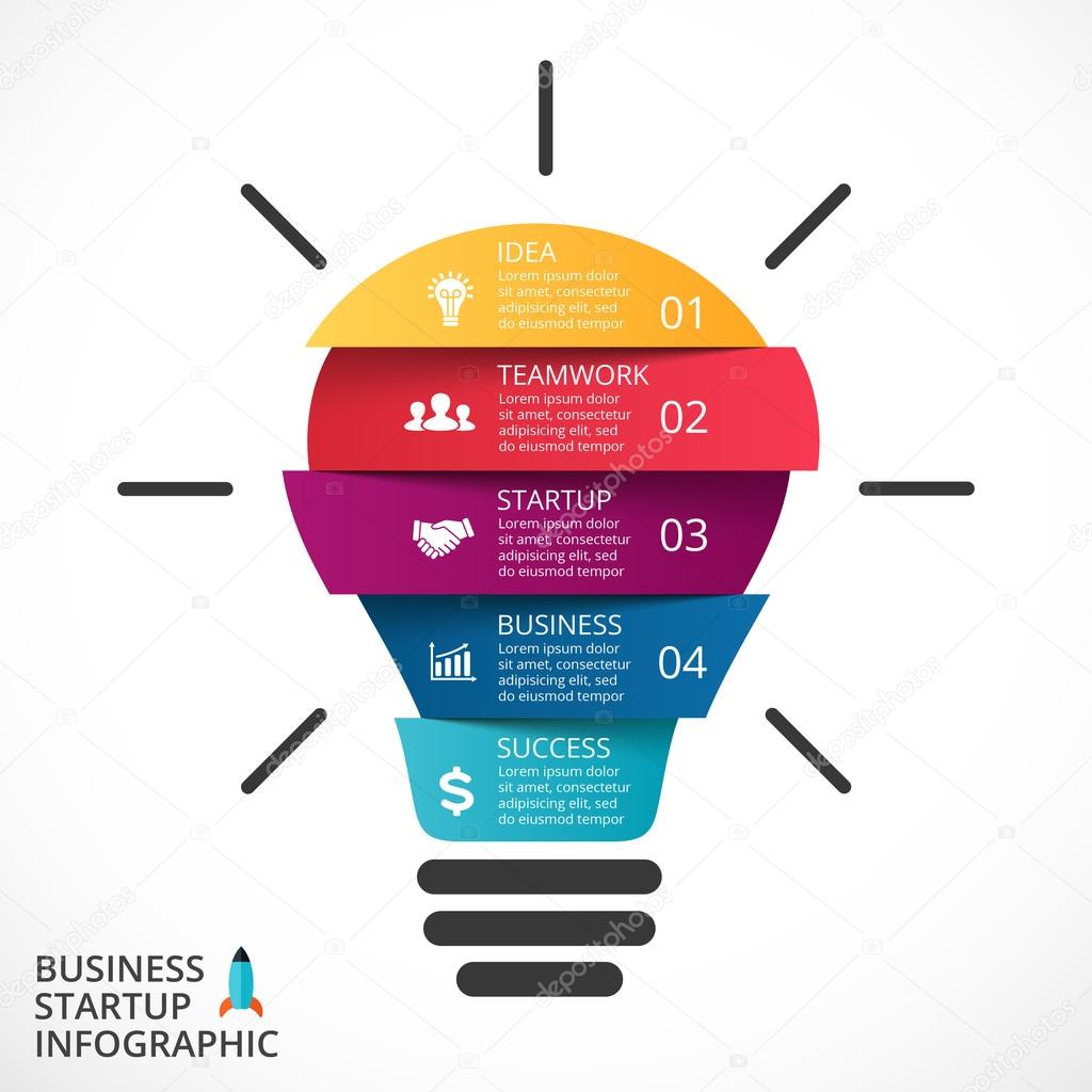 Vector light bulb infographic. Template for circle diagram, graph, presentation and round chart. Business startup idea concept with 4, 5 options, parts, steps or processes. Successful brainstorming.
