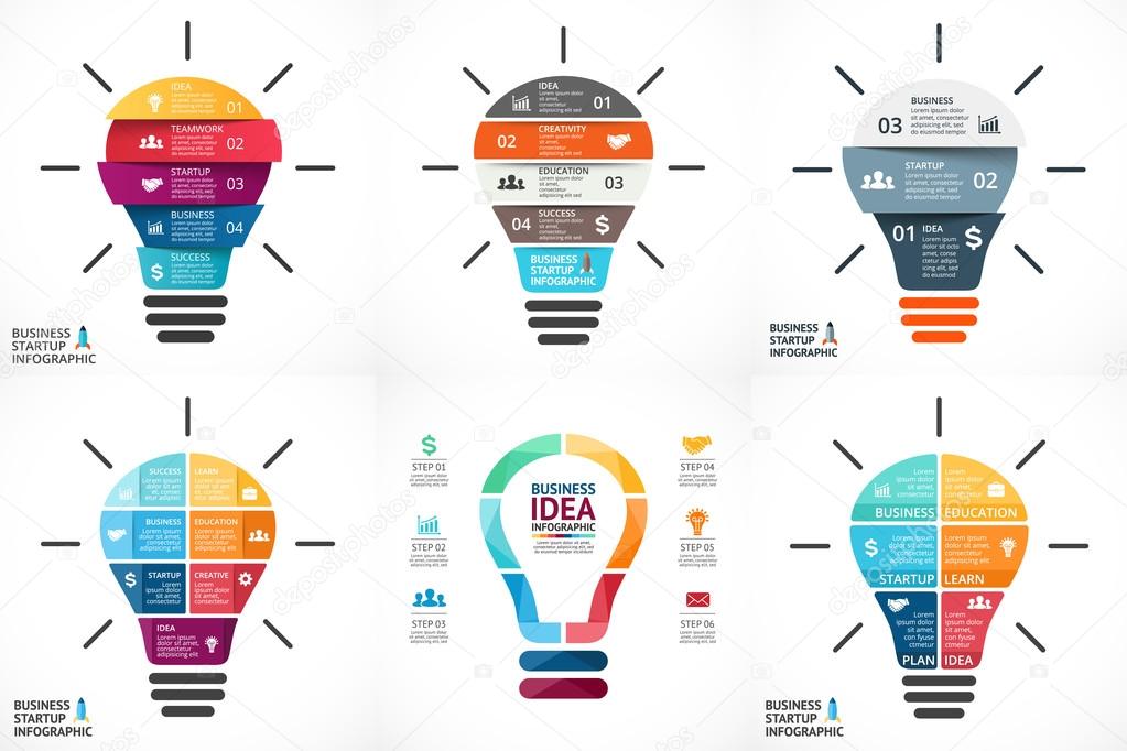 Vector light bulb infographic. Template for circle diagram, graph, presentation and round chart. Business startup idea concept with 4, 5, 6, 7 options, parts, steps or processes. Successful