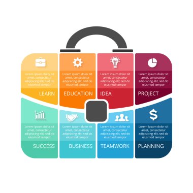 Vektör evrak çantası Infographic. Çanta diyagramı, grafik, grafik yuvarlak sunu şablonu. 8 seçenekleri, parçalar, adımları veya işlemler ile iş profesyonel portföy. Seyahat ve Turizm kavramı.