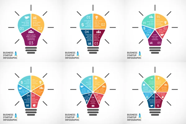 Ensemble d'infographie d'ampoule vectorielle. Modèle pour diagramme circulaire, graphique, présentation et diagramme rond. Concept d'idée de démarrage d'entreprise avec 3, 4, 5, 6, 7, 8 options, pièces, étapes ou processus. Succès — Image vectorielle