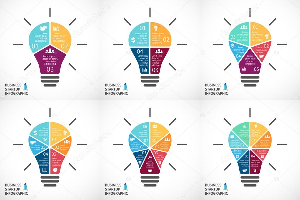 Vector light bulb infographics set. Template for circle diagram, graph, presentation and round chart. Business startup idea concept with 3, 4, 5, 6, 7, 8 options, parts, steps or processes. Successful