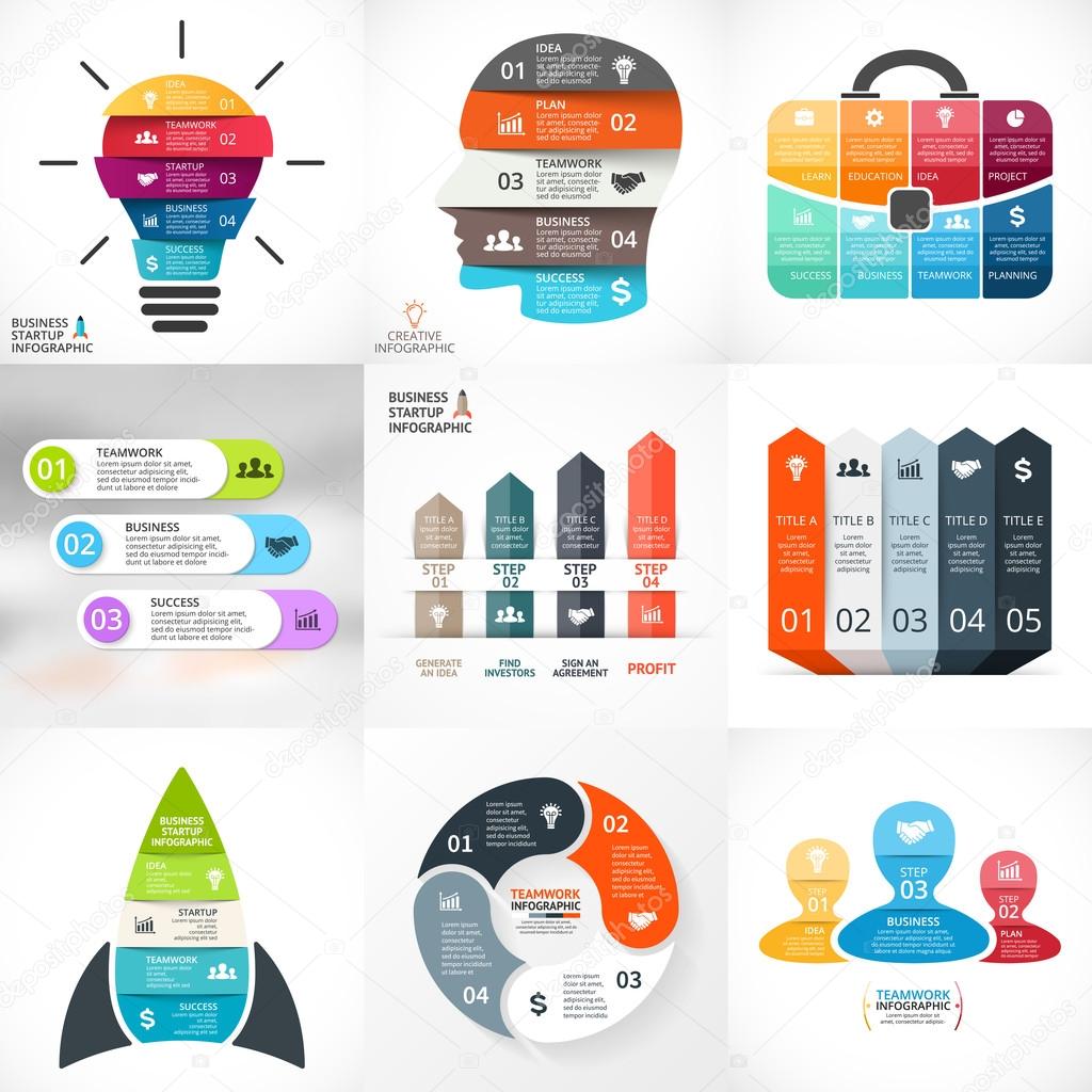 Vector creative arrows infographics. Template for cycle diagram, graph, presentation, chart. Business startup project with 3, 4, 5, 8 options, parts, steps, processes.  Light bulb, human face