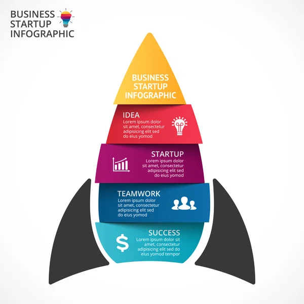 Infographie vectorielle du vaisseau spatial. Modèle de fusée pour diagramme de croissance, graphique, présentation et diagramme de progression. Concept de démarrage d'entreprise avec 4, 5 options, pièces, étapes ou processus. De l'idée au succès . — Image vectorielle