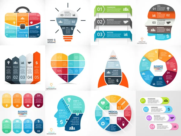 Setas vetoriais criativas trabalho em equipe infográficos, diagramas, gráficos, gráficos. 3, 4, 5, 6, 7, 8 opções, peças, passos. Cabeça humana, lâmpada ideia, coração, sinal de adição, foguete de inicialização, saco de homem de negócios . — Vetor de Stock