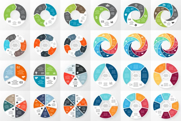 동그라미 화살표 infographics 번들 벡터. 주기형 다이어그램, 그래프, 프레 젠 테이 션 및 원형 차트에 대 한 템플릿. 비즈니스 컨셉 3, 4, 5, 6, 7, 8 옵션, 부품, 단계 또는 처리. 개요 로열티 프리 스톡 일러스트레이션