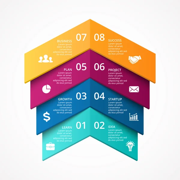 Vektor-Pfeile nach oben Erfolg Infografik. Vorlage für Wachstumsdiagramm, Grafik, Präsentation und Diagramm. Existenzgründungskonzept mit 4 oder 8 Optionen, Teilen, Schritten, Prozessen. Visualisierung von Leistungsdaten. — Stockvektor