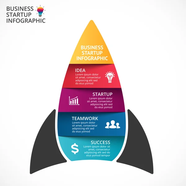 Infografía vectorial de la nave espacial. Plantilla de cohete para diagrama de crecimiento, gráfico, presentación y gráfico de progreso. Concepto de startup empresarial con 4, 5 opciones, partes, pasos o procesos. De la idea al éxito . — Vector de stock