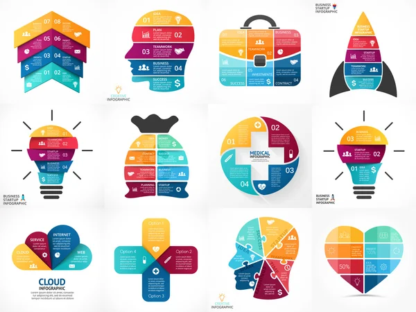 Creative vector arrows infographics, diagrams, graphs, charts. 3, 4, 5, 6, 7, 8 options, parts, steps. Human head, idea light bulb, heart, plus sign, startup rocket, businessman bag, cloud service. — Stock Vector