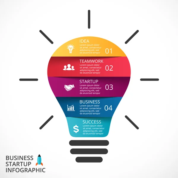 Vektorglühbirnen-Infografik. Vorlage für Kreisdiagramm, Grafik, Präsentation und Runddiagramm. Gründungsidee mit 4, 5 Optionen, Teilen, Schritten oder Prozessen. Erfolgreiches Brainstorming. — Stockvektor