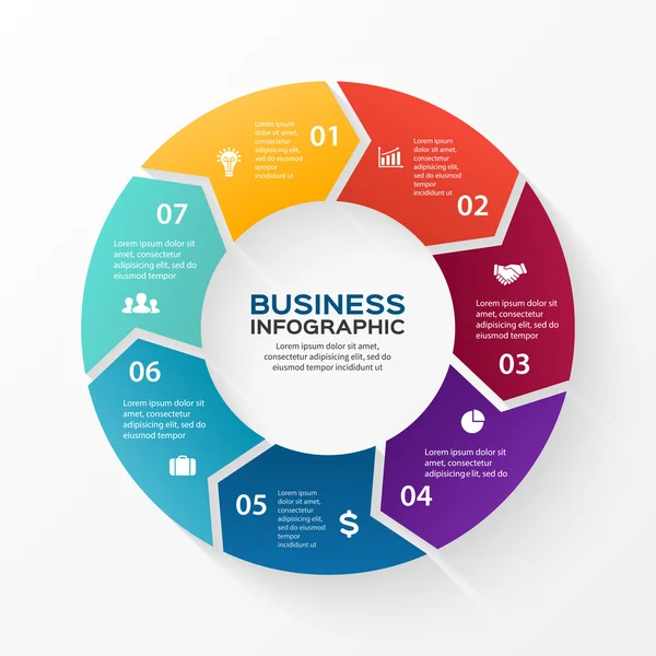 Infographie des flèches de cercle vectoriel. Modèle pour diagramme de cycle, graphique, présentation et diagramme rond. Concept d'entreprise avec 7 options, pièces, étapes ou processus. Contexte abstrait . — Image vectorielle