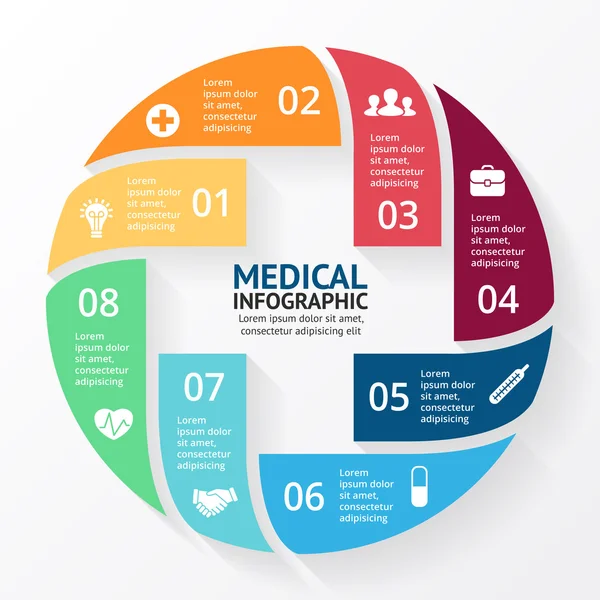 Cercle vectoriel et infographie des signes. Modèle de diagramme, graphique, présentation et graphique. Concept de soins médicaux avec 8 options, pièces, étapes, processus. Logo médecin ou hôpital . — Image vectorielle