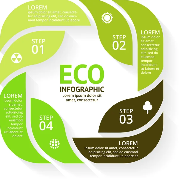 Setas círculo vetorial verde conjunto eco infográficos. Diagrama de ecologia, gráfico, apresentação, gráfico de folhas. Conceito de natureza orgânica com 4 ou 8 opções, peças, passos . — Vetor de Stock